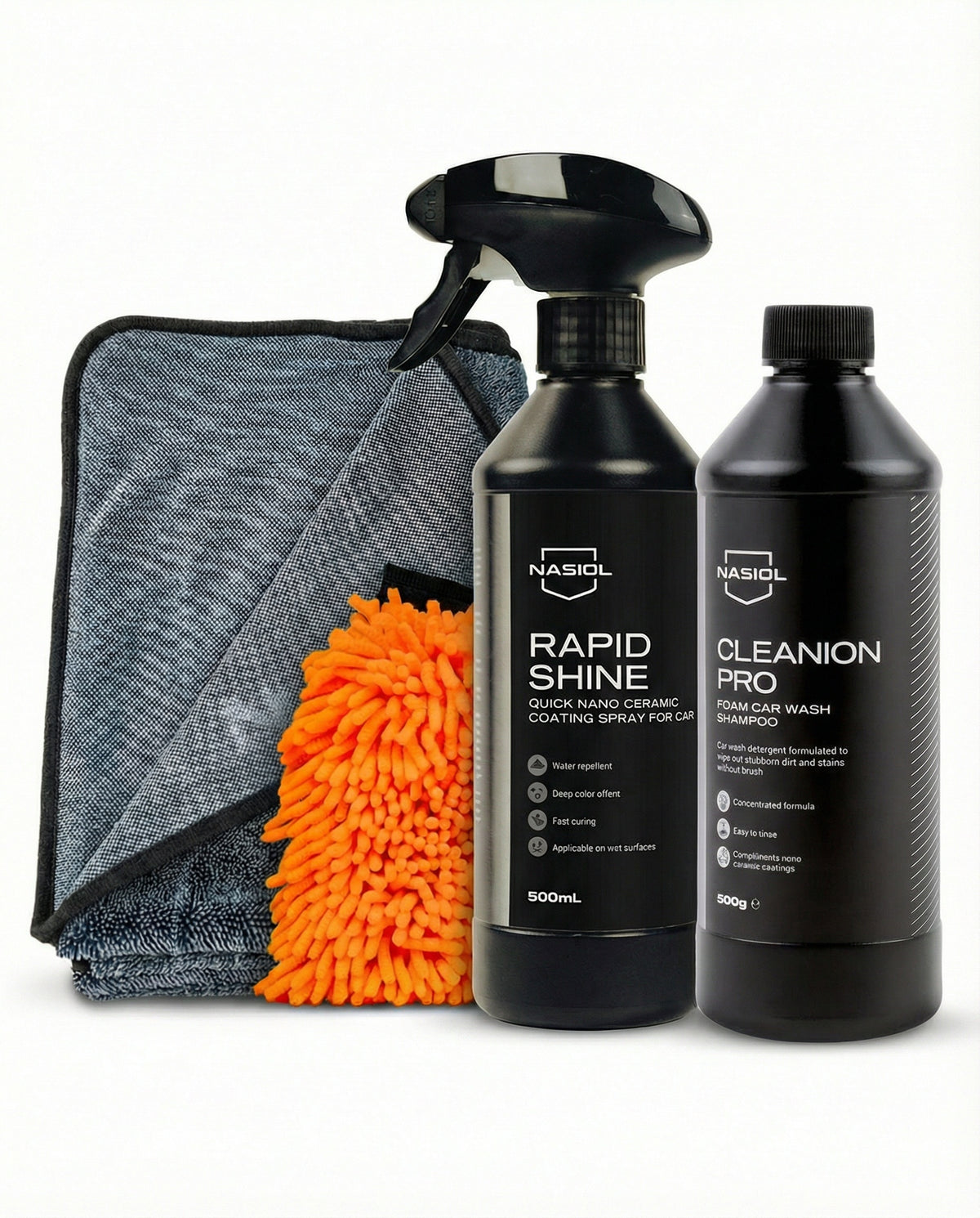 Nasiol Set Nano-Ceramic Shield 4 Piese – Spray Protecție 6 Luni, Șampon Pro-S, Prosop 600GSM și Mănușă Microfibră