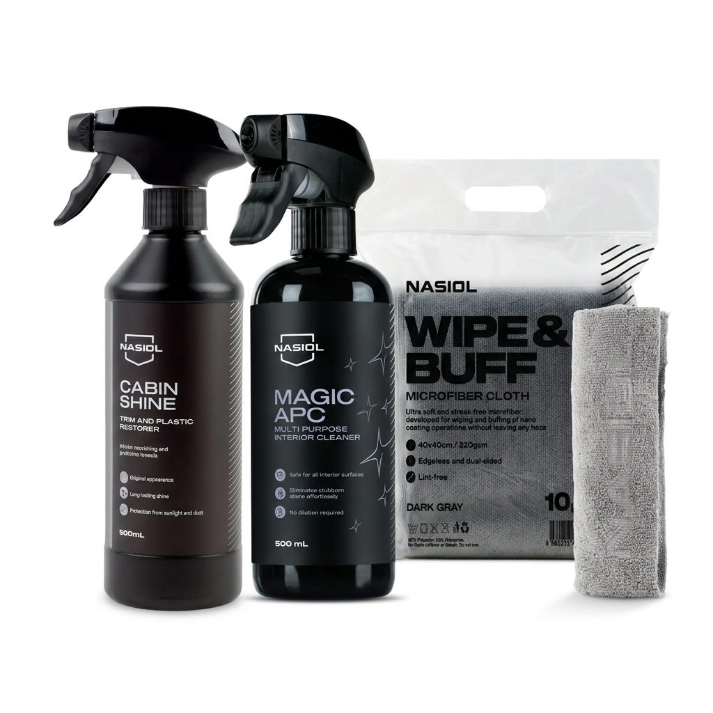 Nasiol Set Curățare și Protecție Interior 3 Piese – Cabin Shine 500ml, Magic APC 500ml și Set 10 Lavete Wipe & Buff