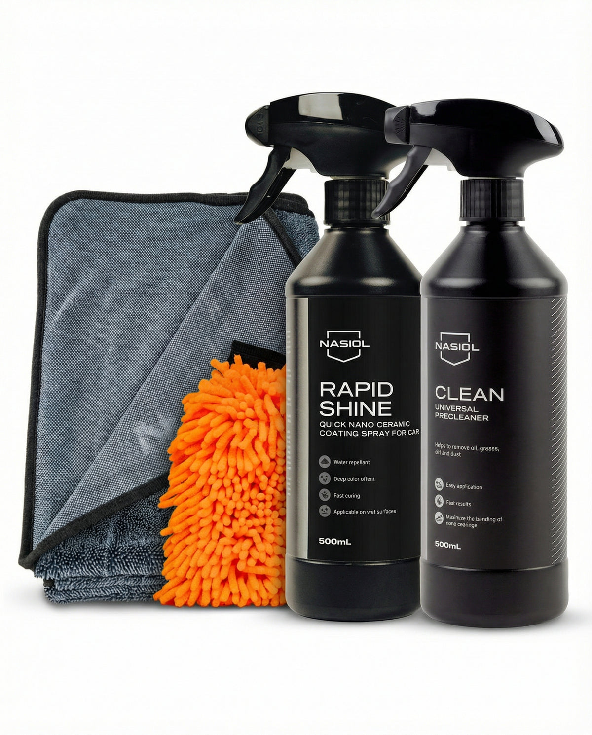 Nasiol Set Detailing Rapid 3 Piese – Soluție Curățare Fără Apă, Prosop Microfibră și Protecție Ceramică Rapidă