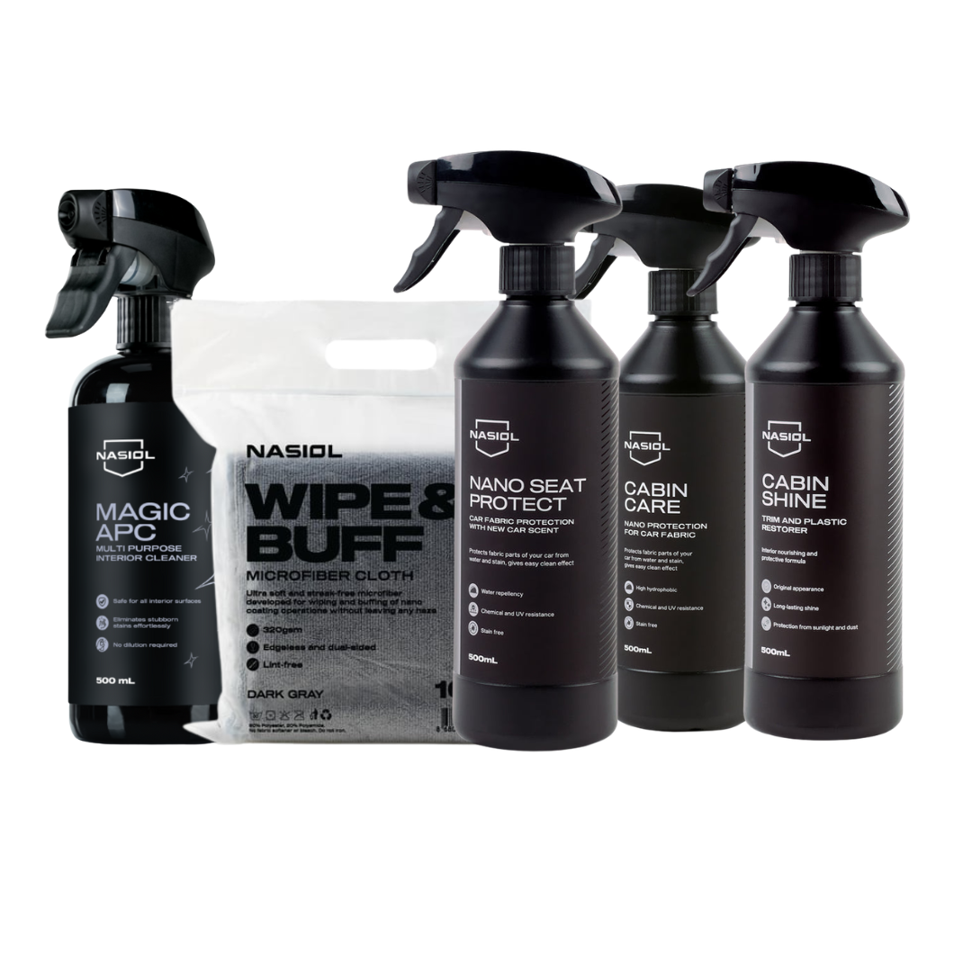 Nasiol Set Interior Master Pro 5 Piese – Magic APC 500ml, Nano Seat Protect, CabinCare, CabinShine și 10 Lavete Wipe & Buff