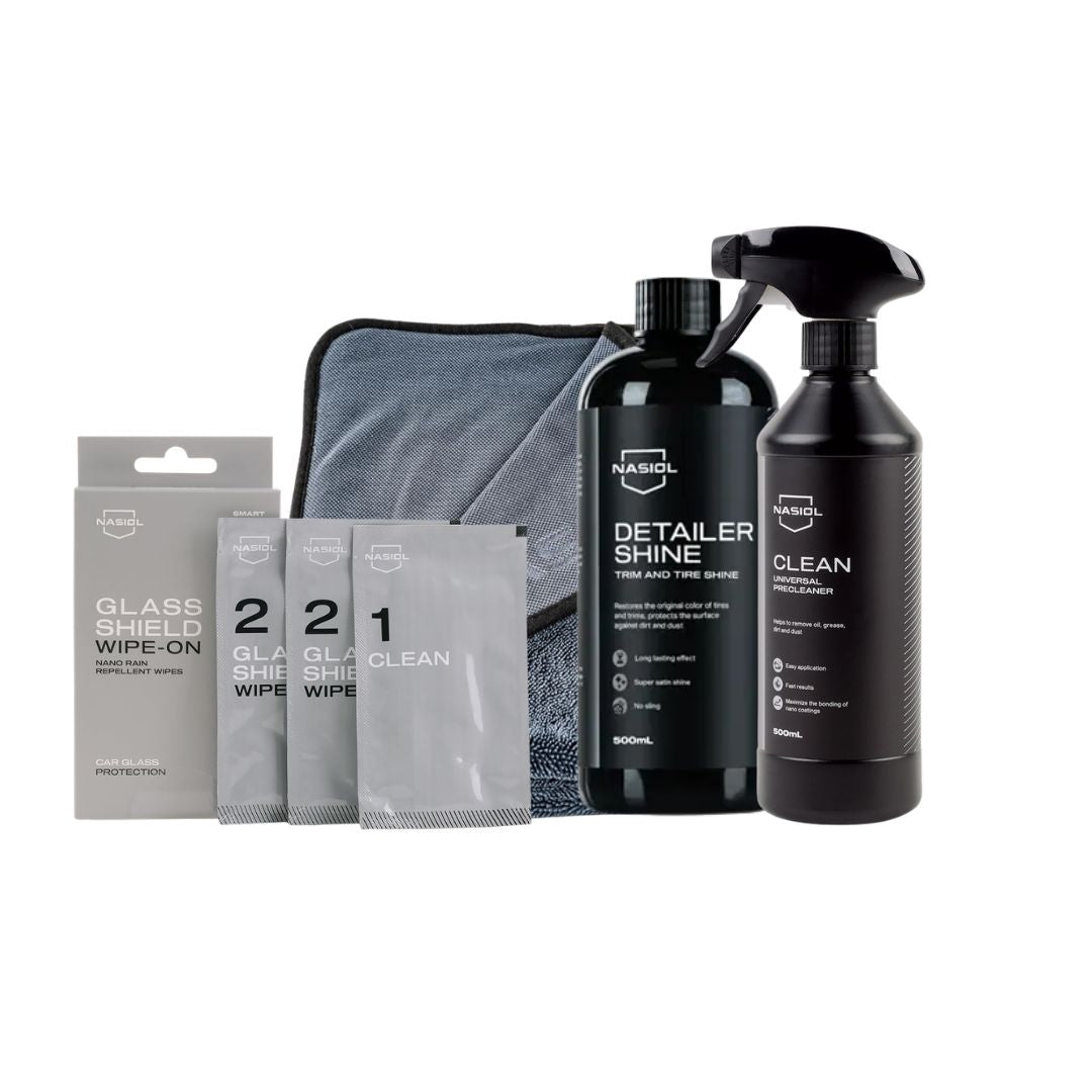 Nasiol Set Pro-Detailing 4 Piese – Soluție Degresare , Tratament Hidrofob Parbriz, DetailerShine și Prosop Uscare 600GSM