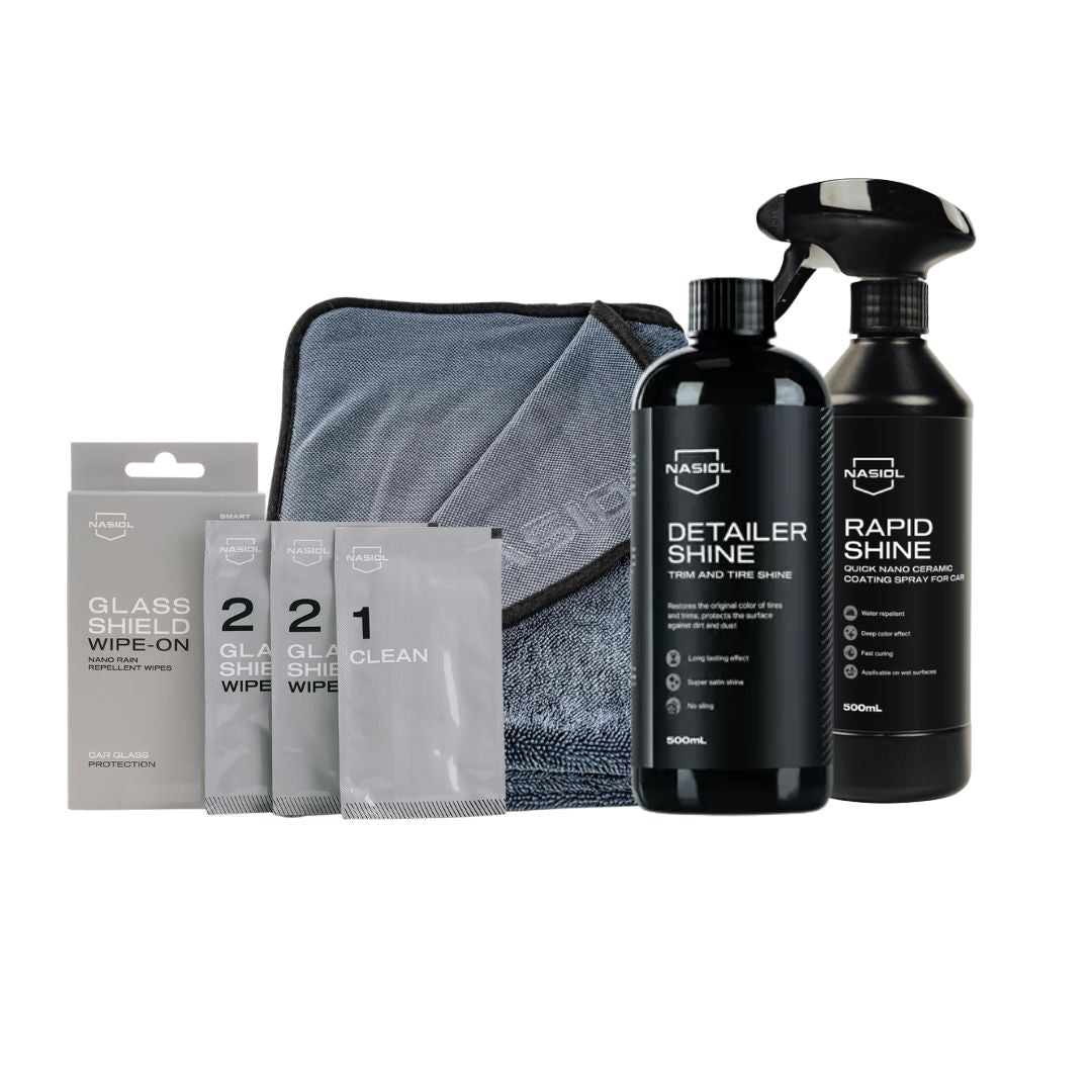 Nasiol Set Showroom Finish 4 Produse – RapidShine, Tratament Geamuri GlasShield, Detailer Anvelope și Prosop 600GSM