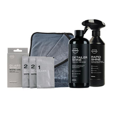 Nasiol Set Showroom Finish 4 Produse – RapidShine, Tratament Geamuri GlasShield, Detailer Anvelope și Prosop 600GSM