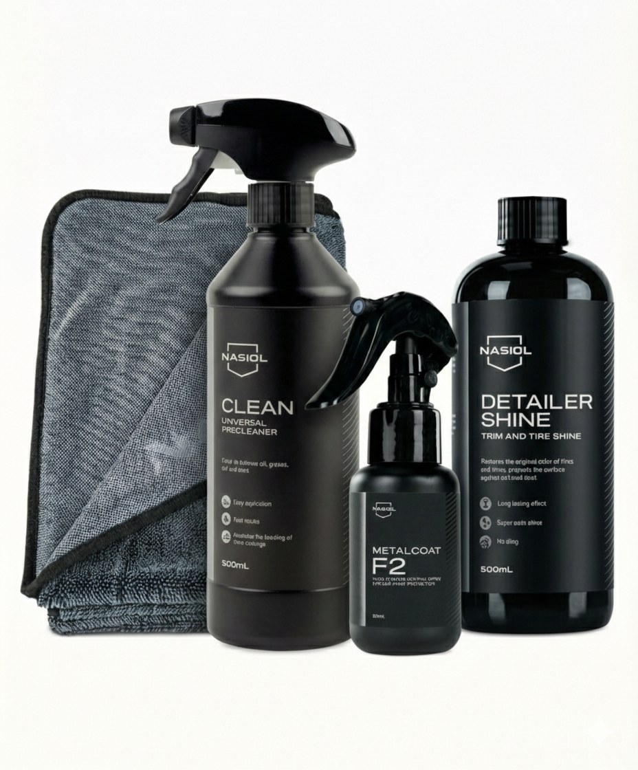 Nasiol Set Nano-Gloss & Protection 4 Piese – MetalCoat F2, Degresant Clean, Luciu Anvelope și Prosop 600GSM