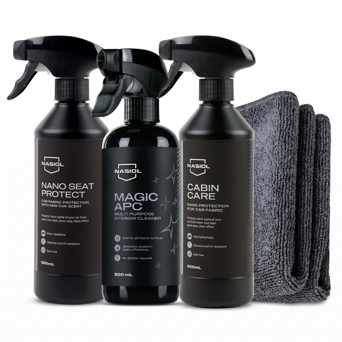 Nasiol Set Protecție Textile Interior 3 Piese – Nano Seat Protect 500ml, Magic APC 500ml, Cabin Care 500ml + 2 Lavete Microfibră CADOU