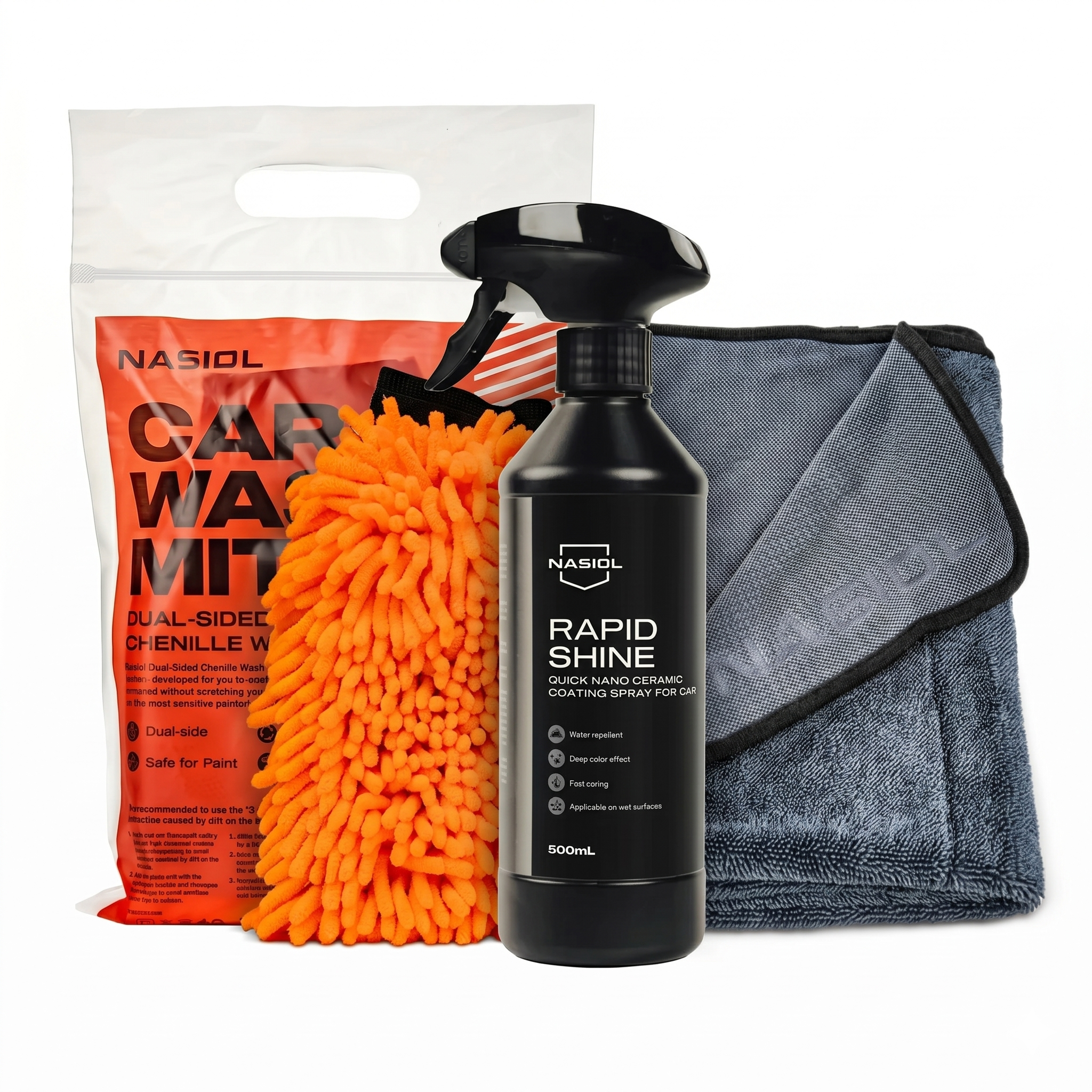 Nasiol Set Spălare și Protecție 3 Piese – Rapid Shine 500ml, Mănușă Car Wash Mitt și Prosop Microfibră