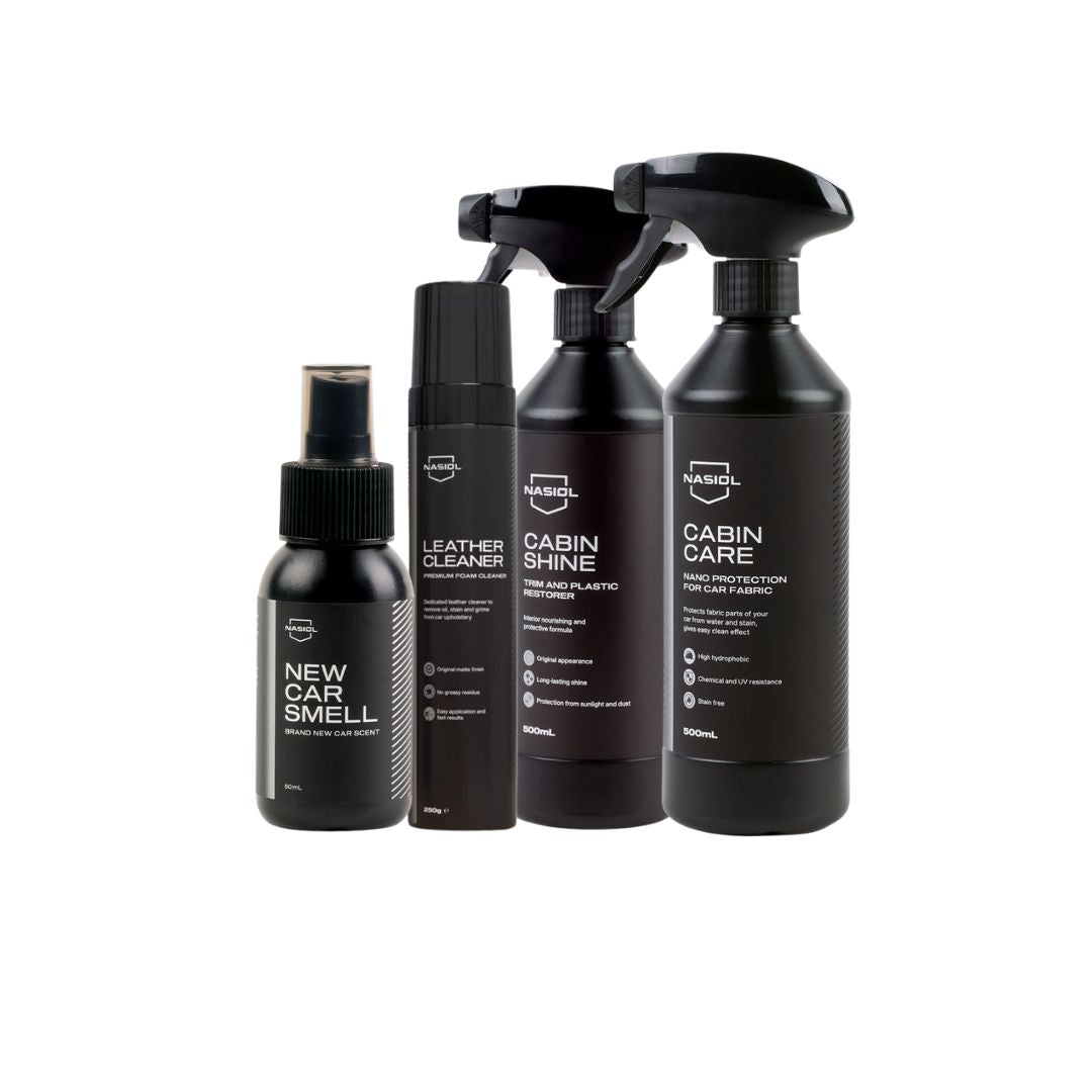 Nasiol Set New Car Experience 4 Produse – Spumă Piele 250g, Revitalizare Plastice 500ml, Protecție Nano Textile și Odorizant Premium