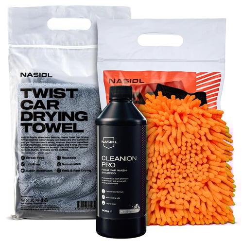 Nasiol Set Spalare Auto 3 Piese – Sampon Auto Profesional, Prosop Microfibra si Manusa Spalare