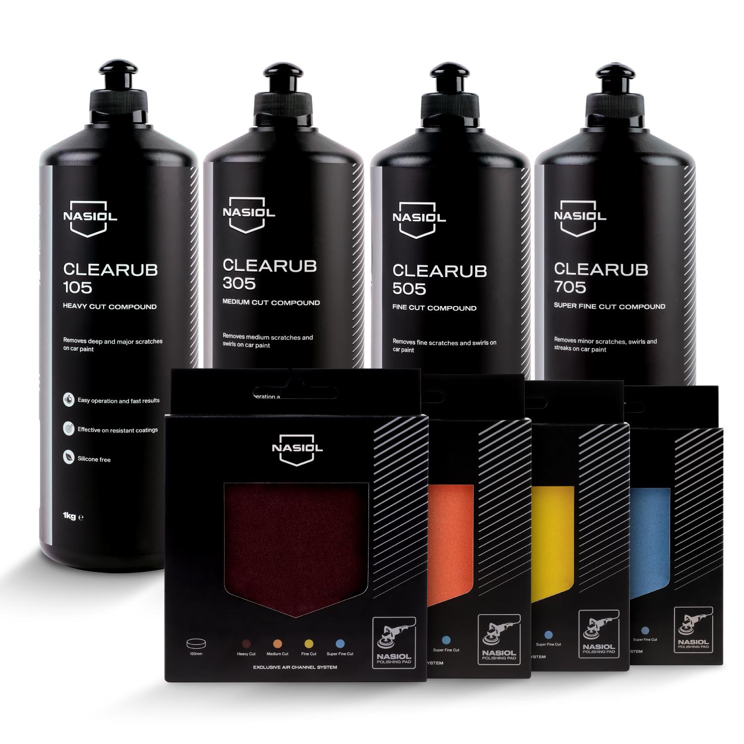 Nasiol Clearub (105, 305, 505, 705) – Set Profesional Polish pentru Indepartarea Zgarieturilor cu Bureti Polish (4 buc.) – Pachet Avantaj